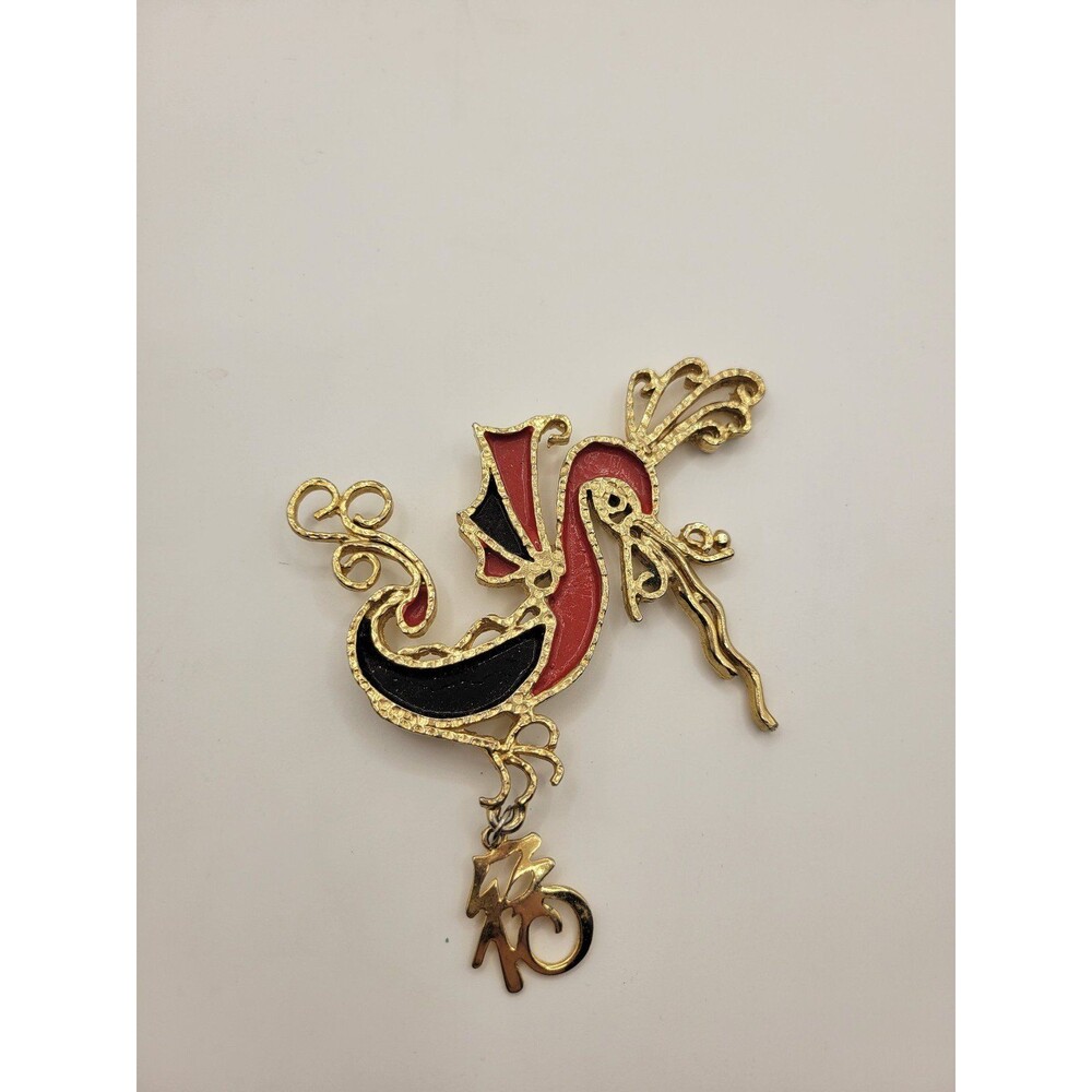 Vintage Gold tone Dragon Black and red Brooch/pendant